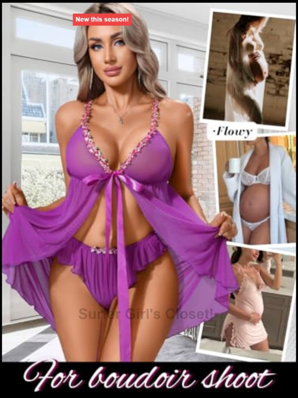 Sheer Babydoll Nightgown with Floral Lace Trim, Front Closure Chemise - Picture 6 of 6